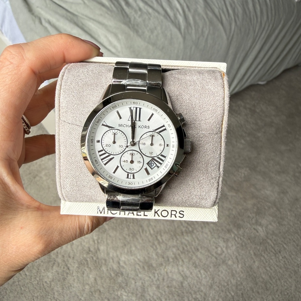 Michael Kors Silver Stainless Steel Chronograph Watch with White Dial